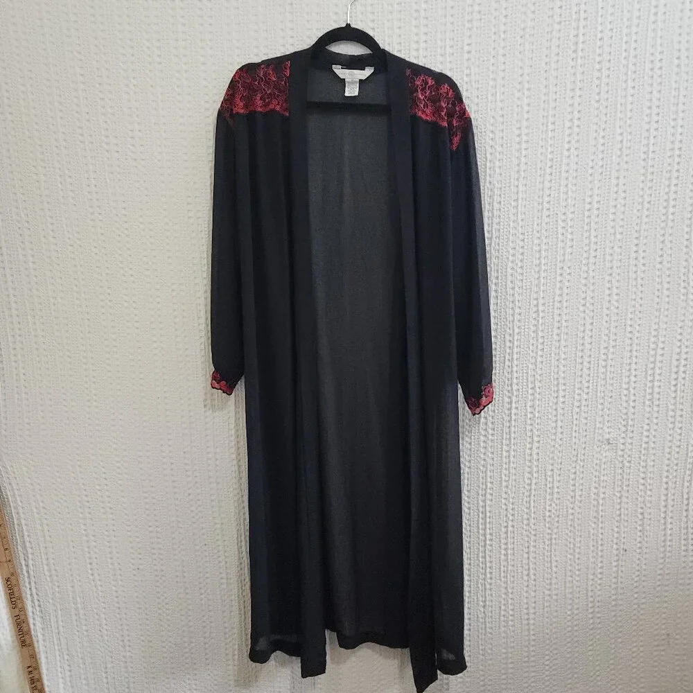Vintage Private Luxuries Sheer Black Kimono Red Floral Embroidery Lace Robe M